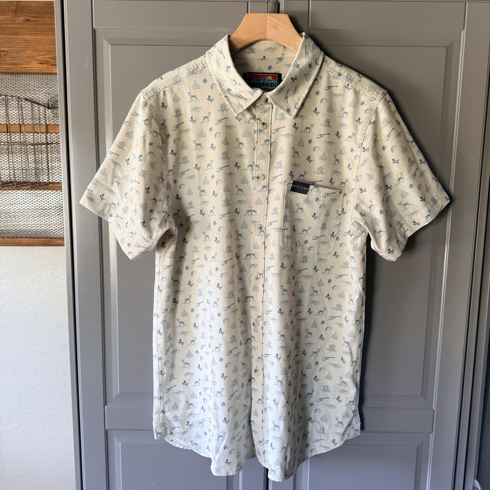 Burlebo Mens Lone Star Performance Button Up, Cream Blue, M